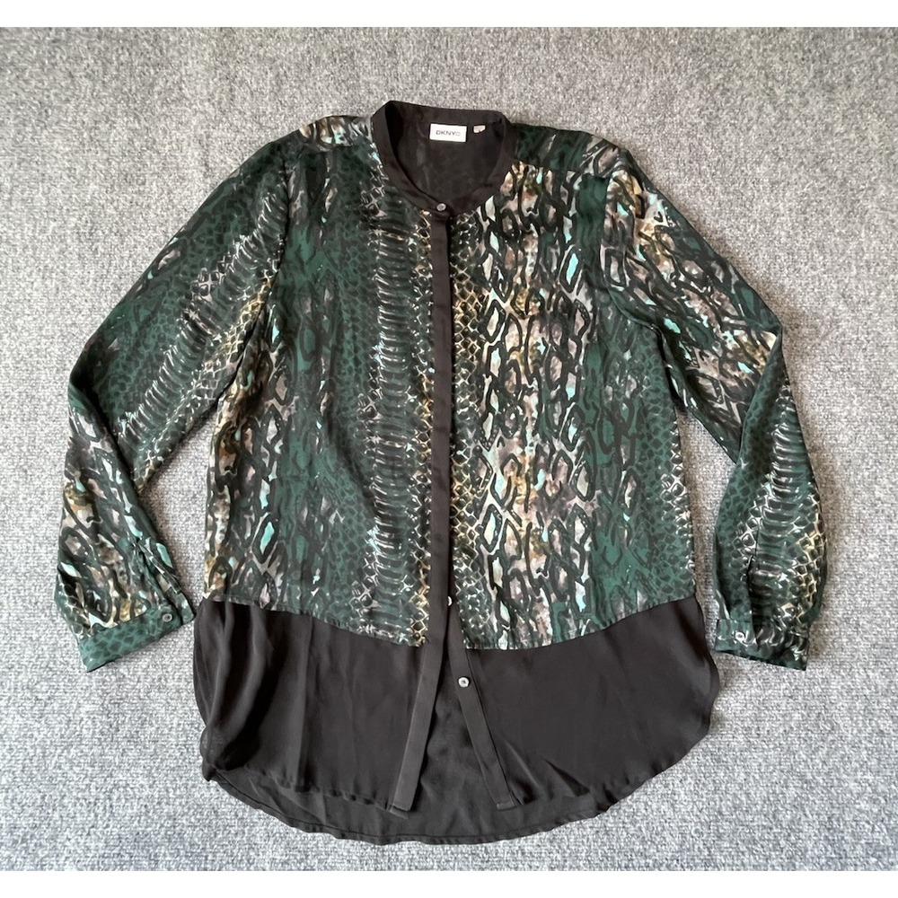 DKNY Womens‎ Tunic Top S Green Snake Print Layered LS Hidden Button Chiffon Hem